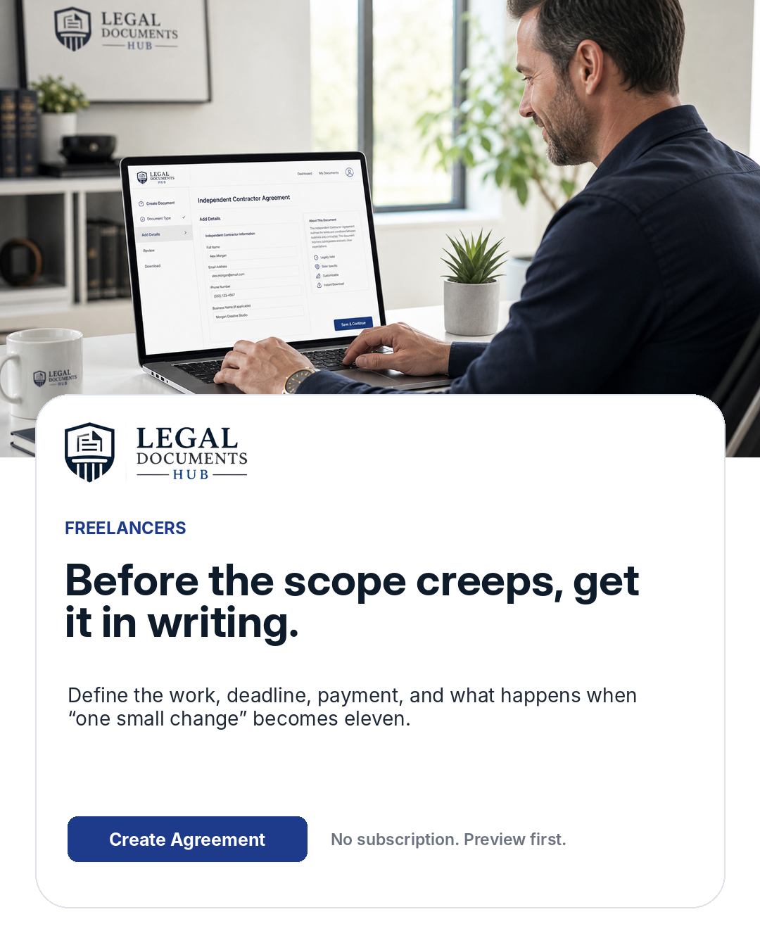 Freelancer locking down scope and payment terms before a project starts