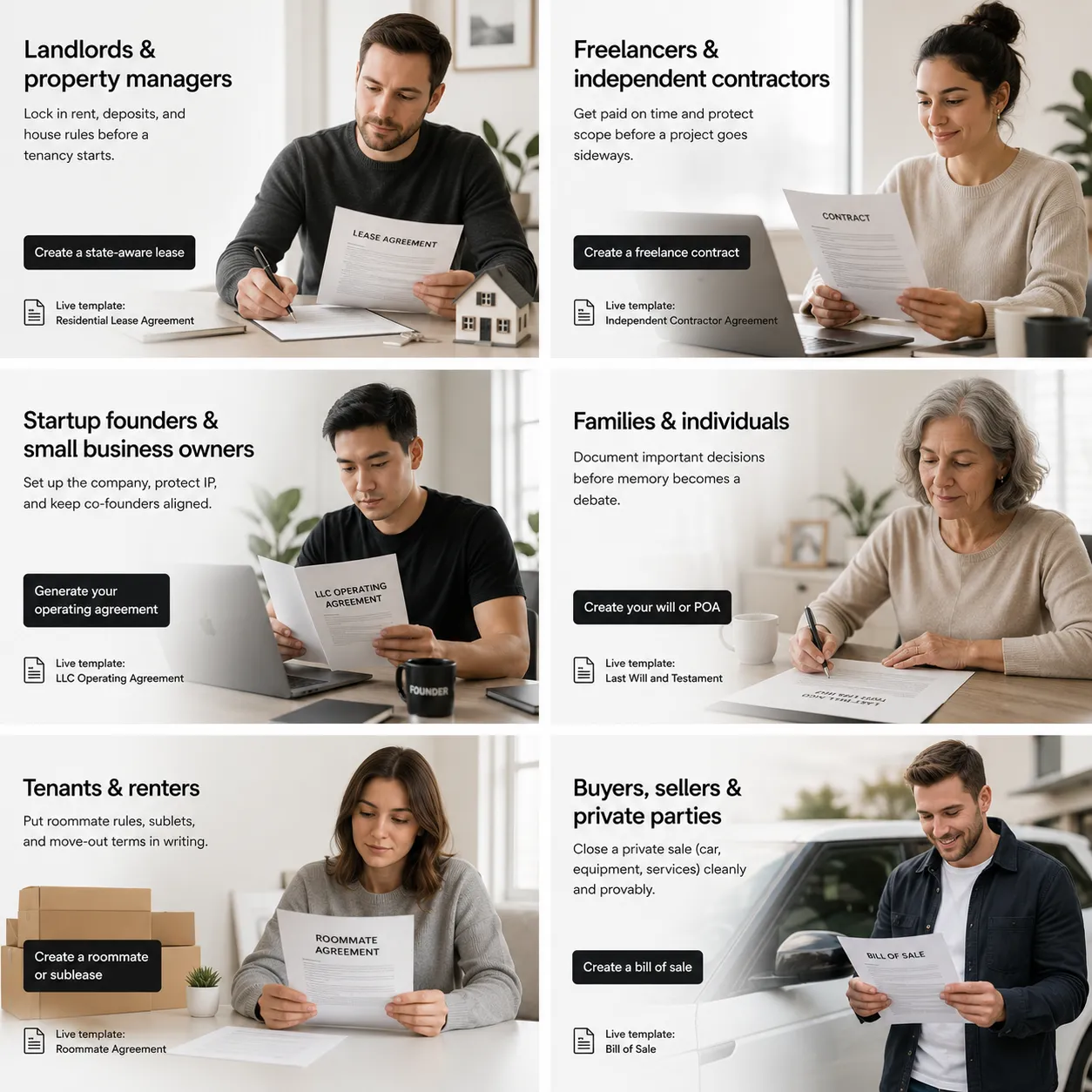 Legal document templates for landlords, freelancers, startups, and families