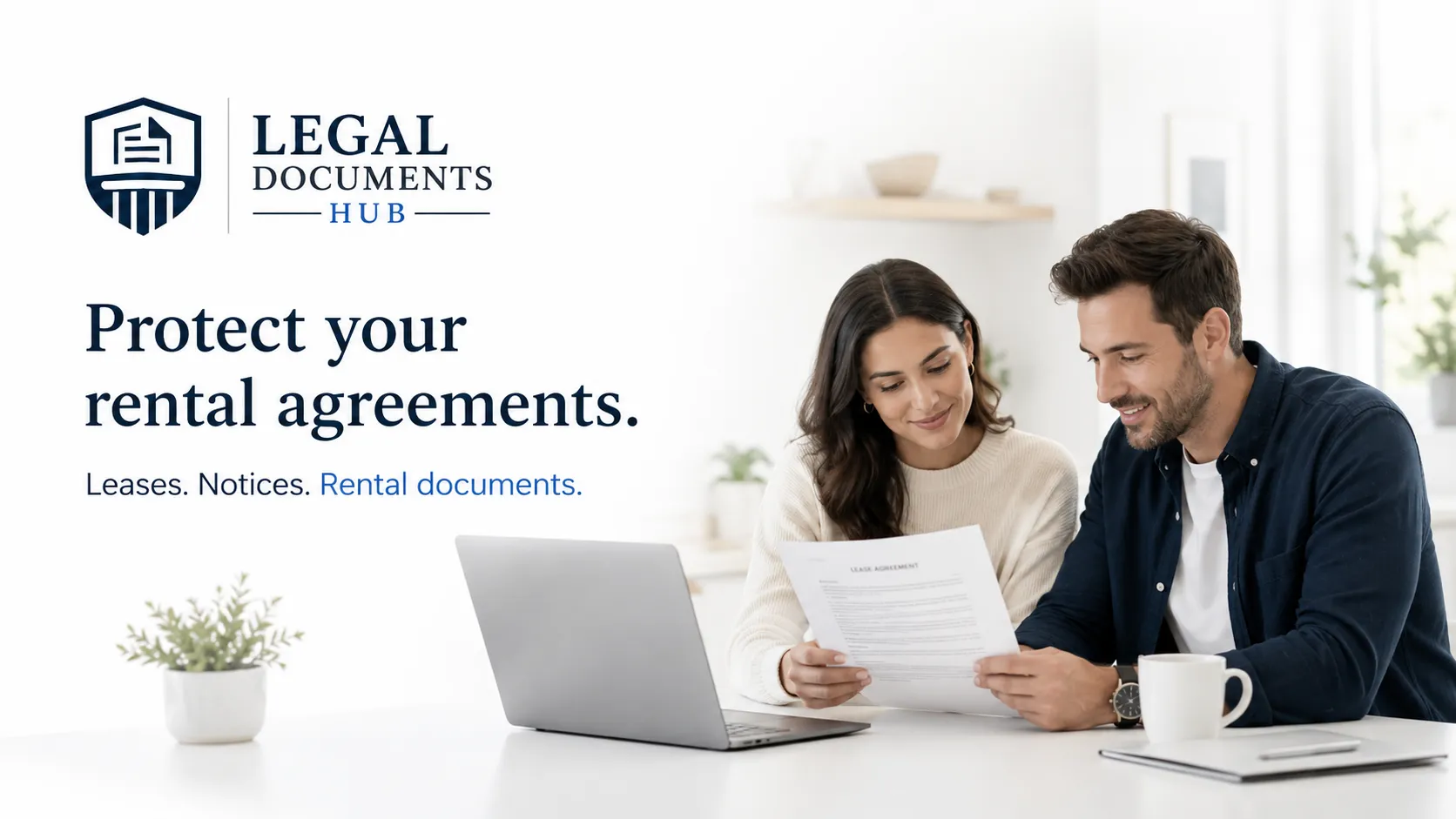 Couple reviewing a residential lease agreement on a laptop at home